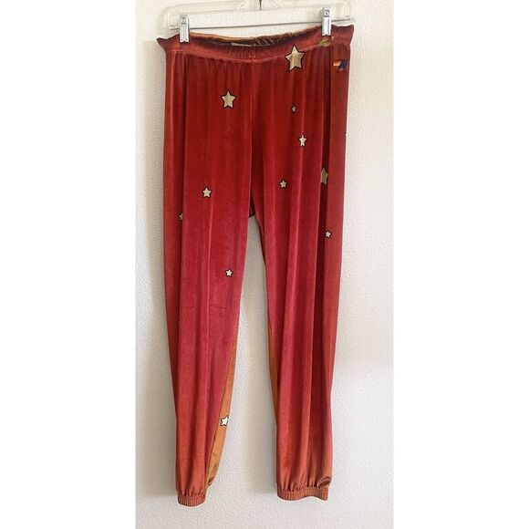 AVIATOR NATION Women L Red Velvet Sweatpants Joggers Velour Galaxy Star READ - Picture 1 of 12